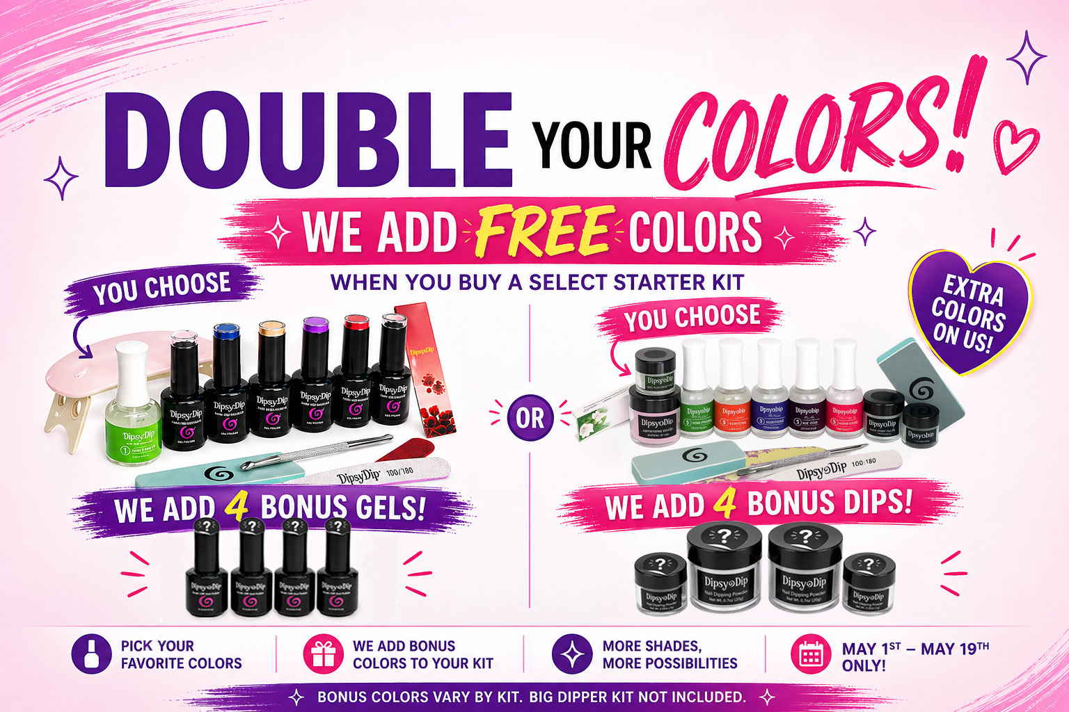 Double Your Colors promotion showing select dip and gel starter kits with free bonus colors